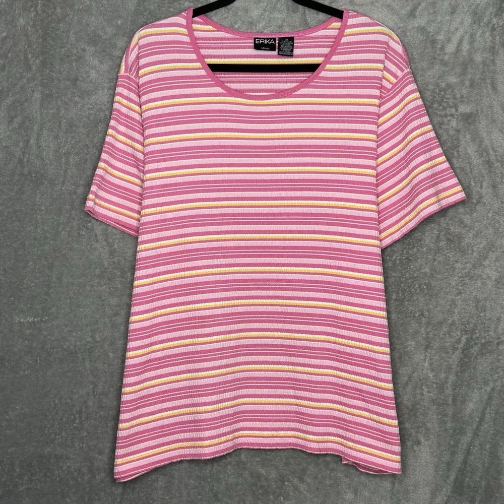 Erika 2X Shirt Top Pink Striped Short Sleeve Scoop Neck Cotton Stretch Knit